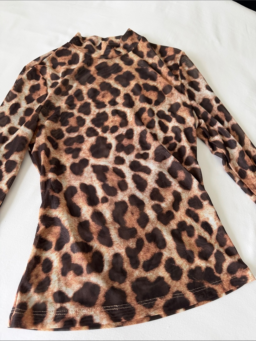 Leopard Print Sheer Long Sleeve Mock Neck Top - Brown S